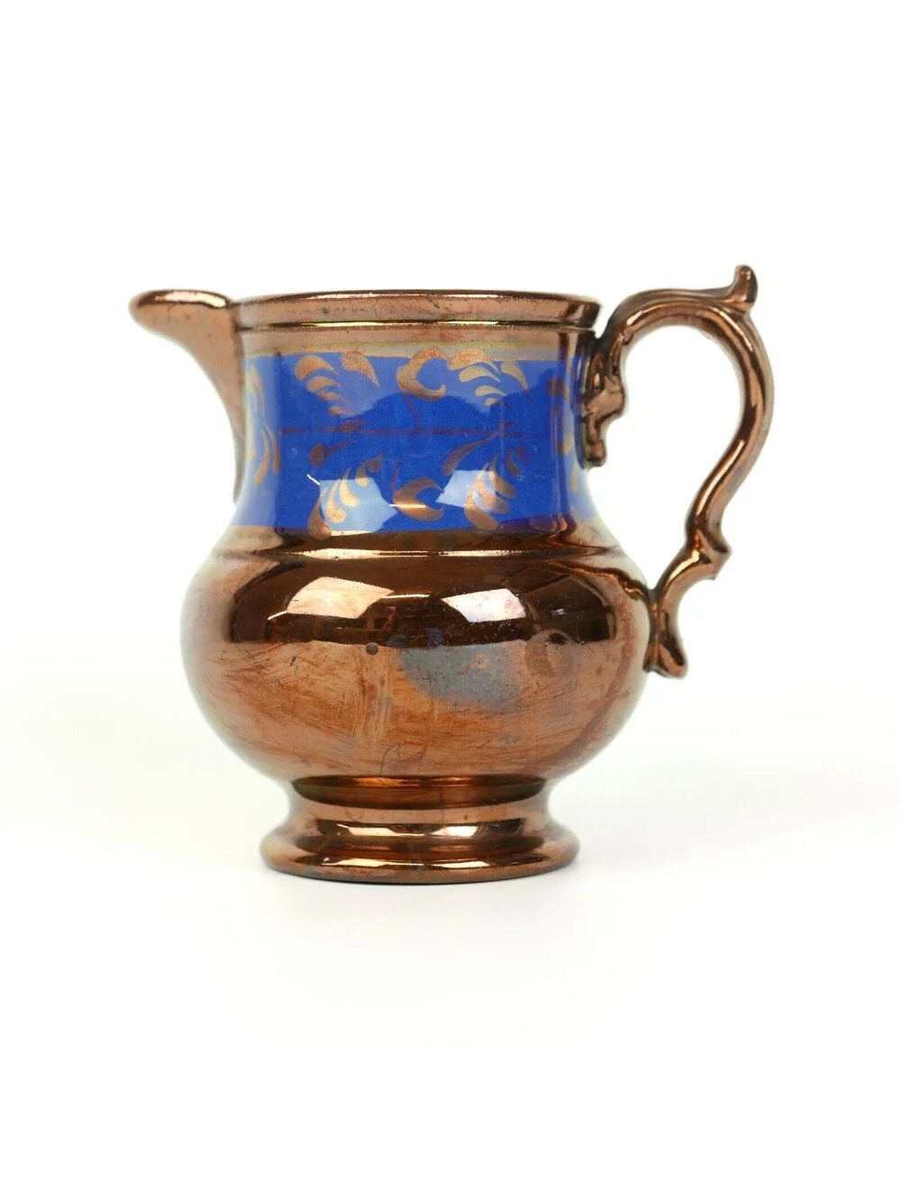 Antique Victorian Copper Lustre Lusterware Creamer Pitcher Jug Blue Floral Paint